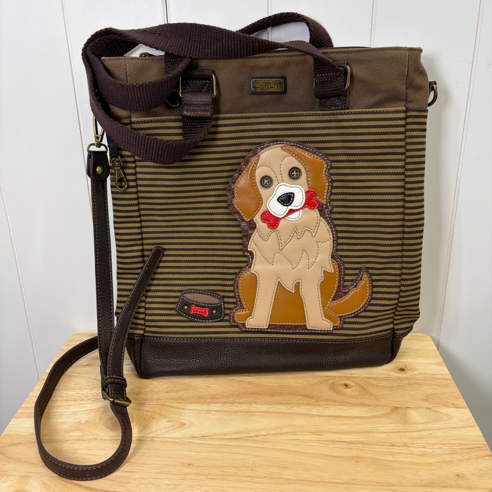 Chala Whimsical Golden Retriever Dog Striped Canvas Messenger Tote Bag Dog Mom